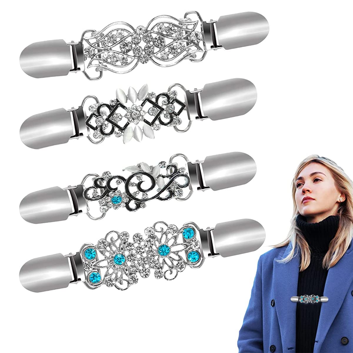SANNIDHI 4Pcs Sweater Cardigans Clips Shawl Clips Creative Retro Metal Rhinestone Dress Shirt Collar Clips Clasps for Women, Back Cinch Clip for Clothing SANNIDHI 4Pcs Sweater Cardigans Clips Shawl Clips Creative Retro Metal Rhinestone Dress Shirt Collar Clips Clasps for Women, Back Cinch Clip for Clothing